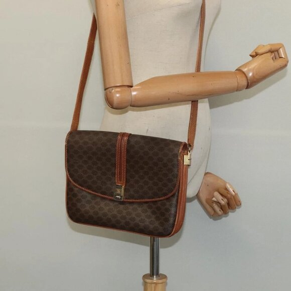 CELINE Macadam Canvas Shoulder Bag PVC Leather Brown Gold Auth - Picture 1 of 16